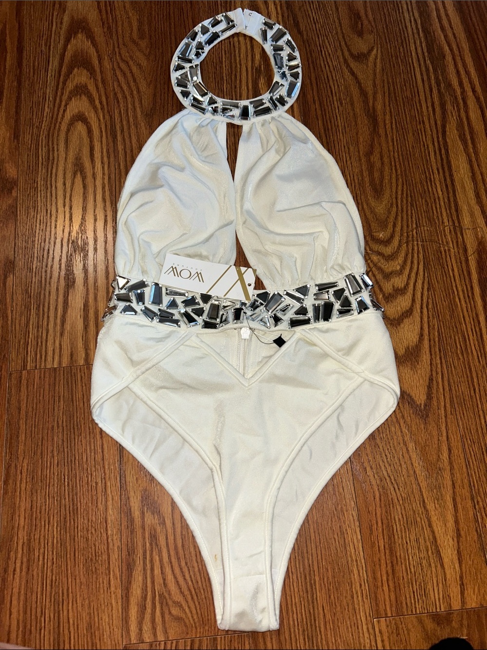 NWT Wow Couture Bridal Mirror  Embellished Halter Cut Out One-Piece Swimsuit S